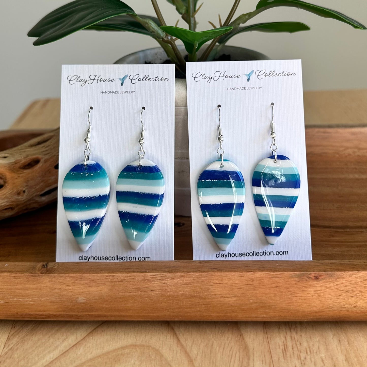 Teardrop Striped Blues Clay Earrings