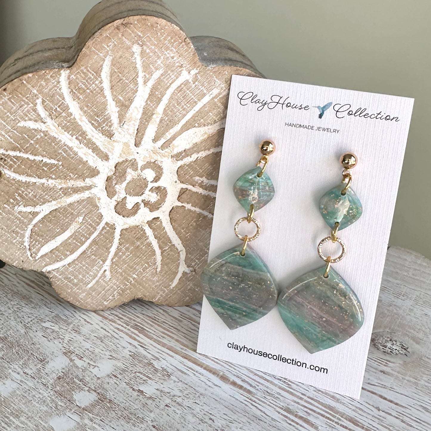 Light Green Gold Leaf Clay Dangle Earrings