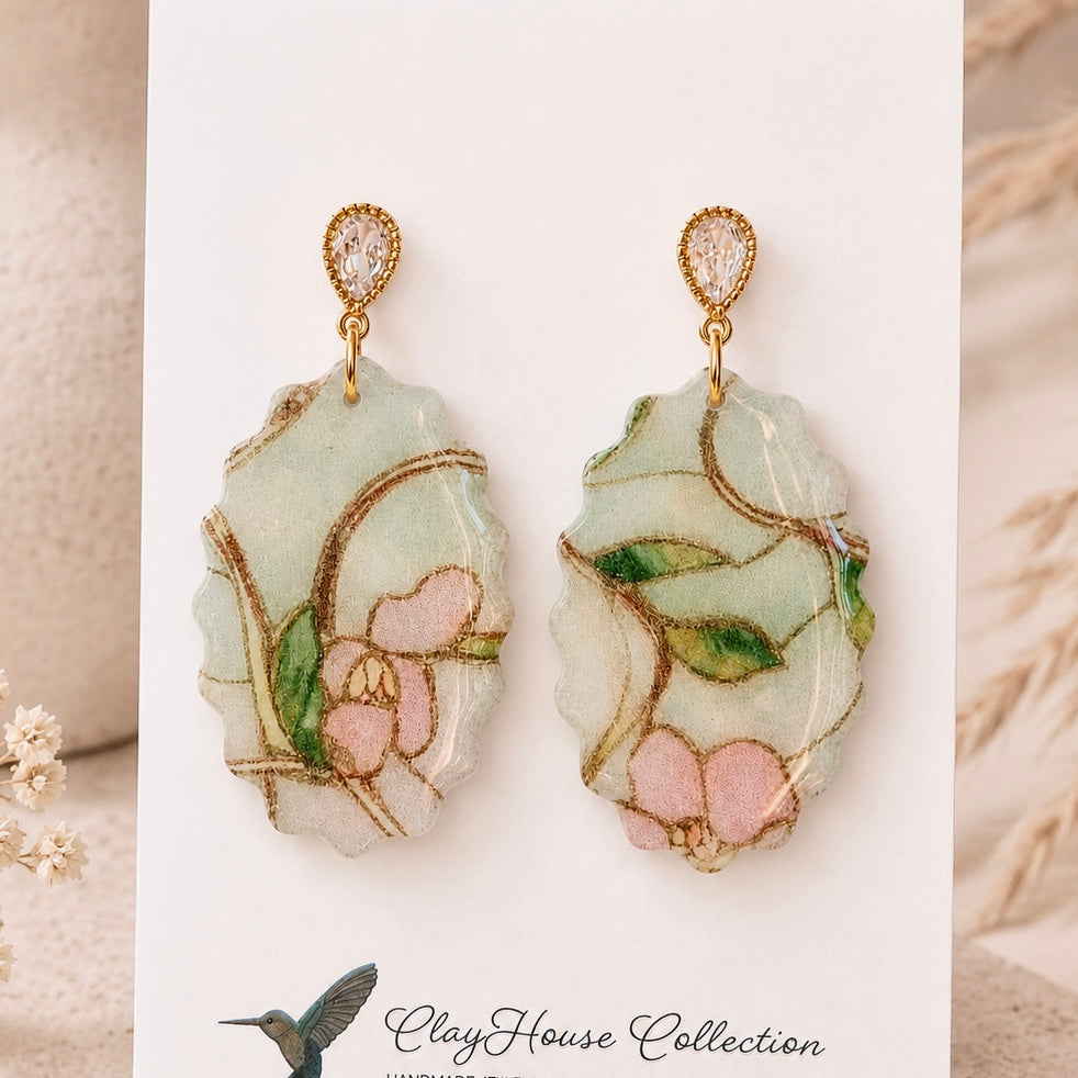 Handmade Polymer Clay Floral Earrings – Magnolia Bloom | Lightweight Gold Dangle Earrings
