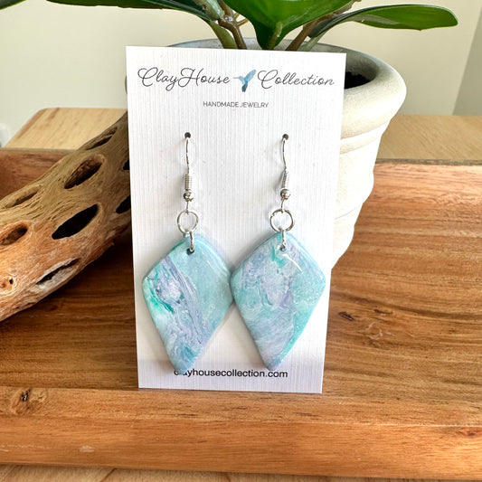 Blue and Lavender Marble Arrowhead Clay Earrings
