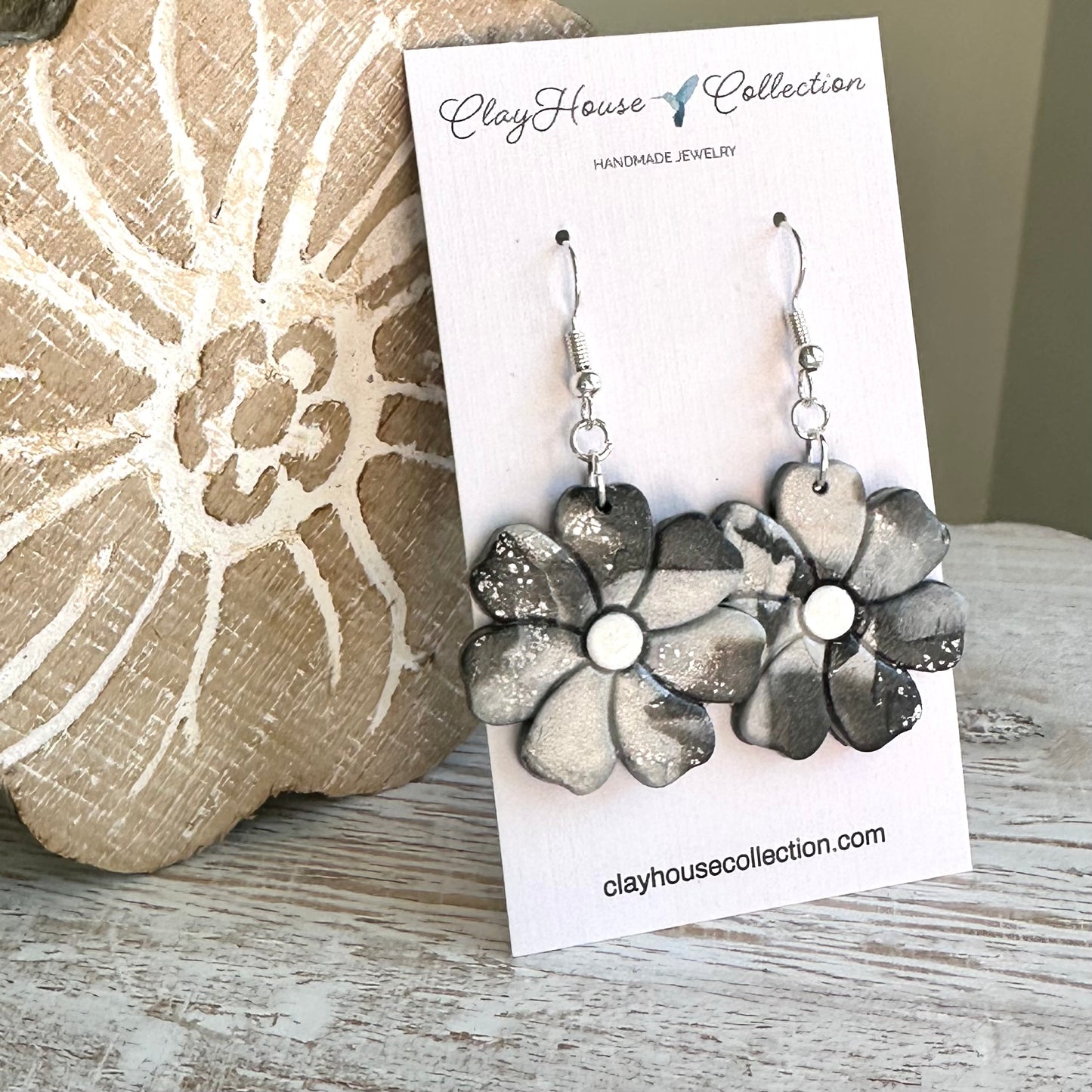 Gray Swirl Flower Clay Earrings