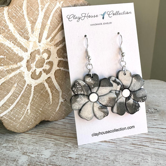 Gray Swirl Flower Clay Earrings