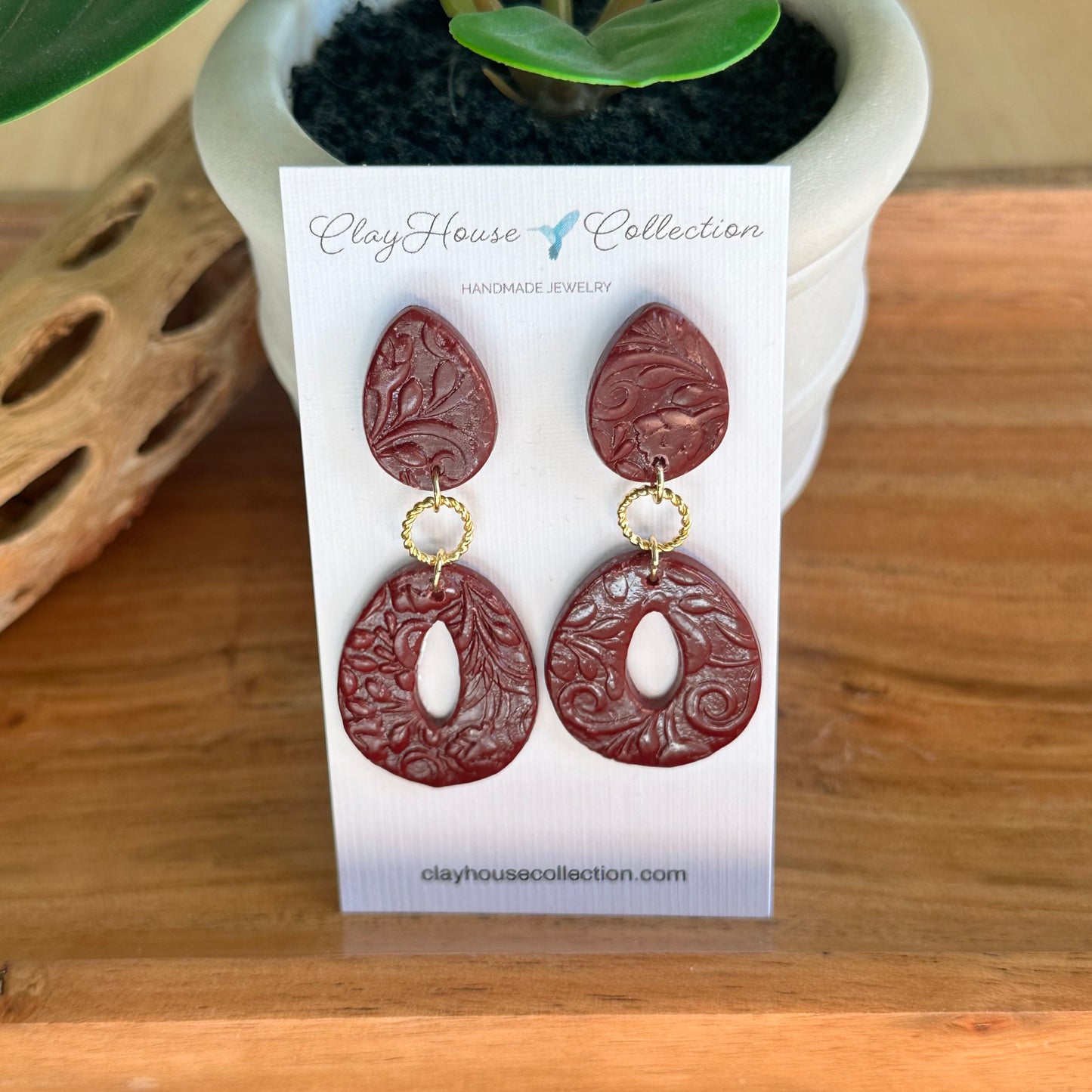 Wine Textured Double Layer Dangle Clay Earrings
