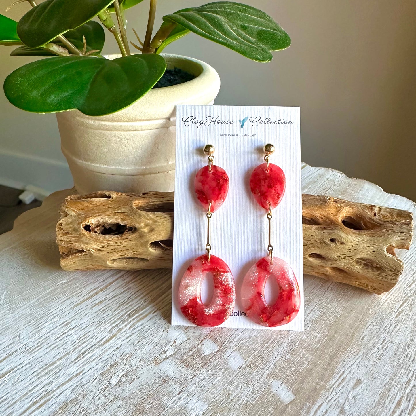 Red Metallic Teardrop & Oval Dangle Earrings