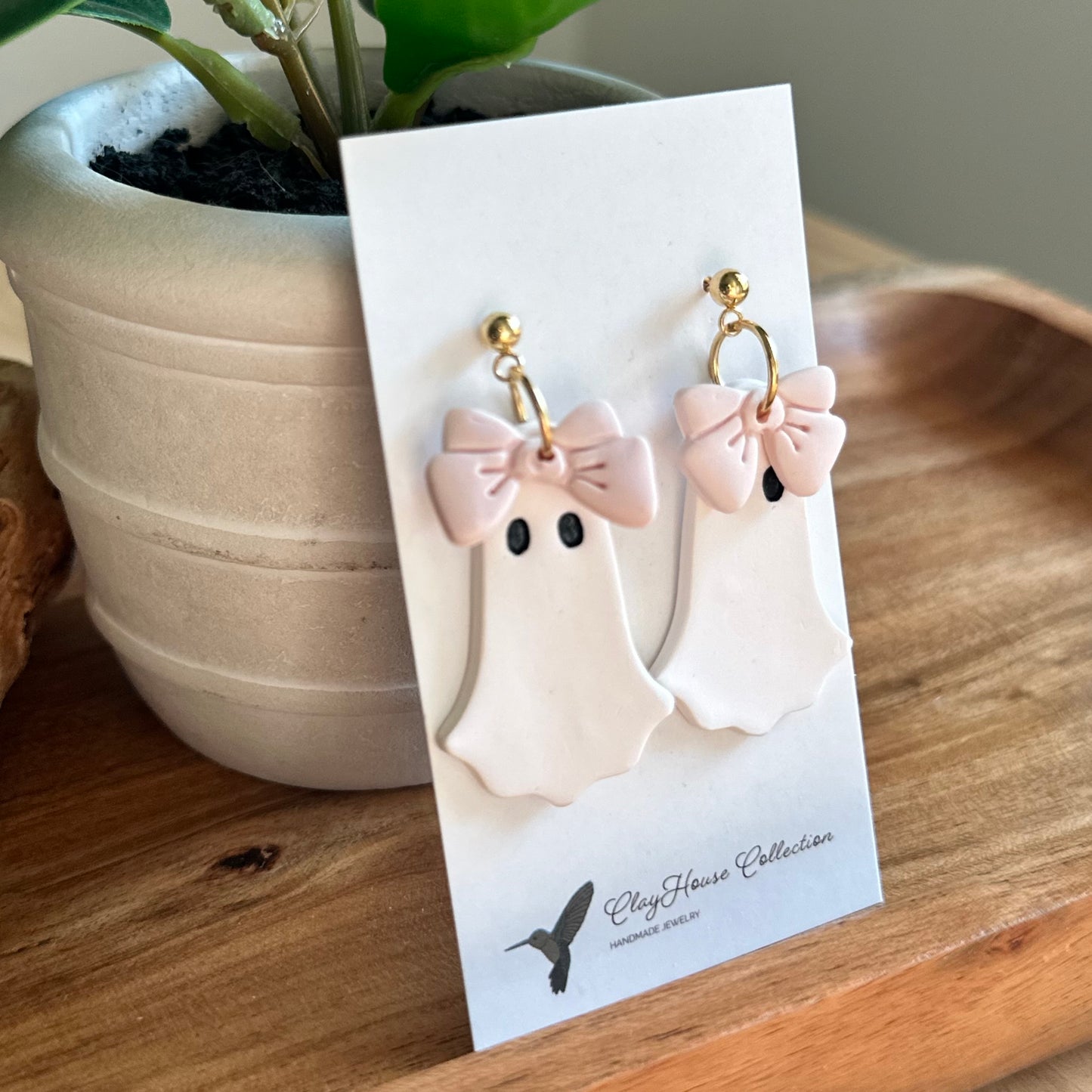 Pink Bow Ghost Clay Earrings
