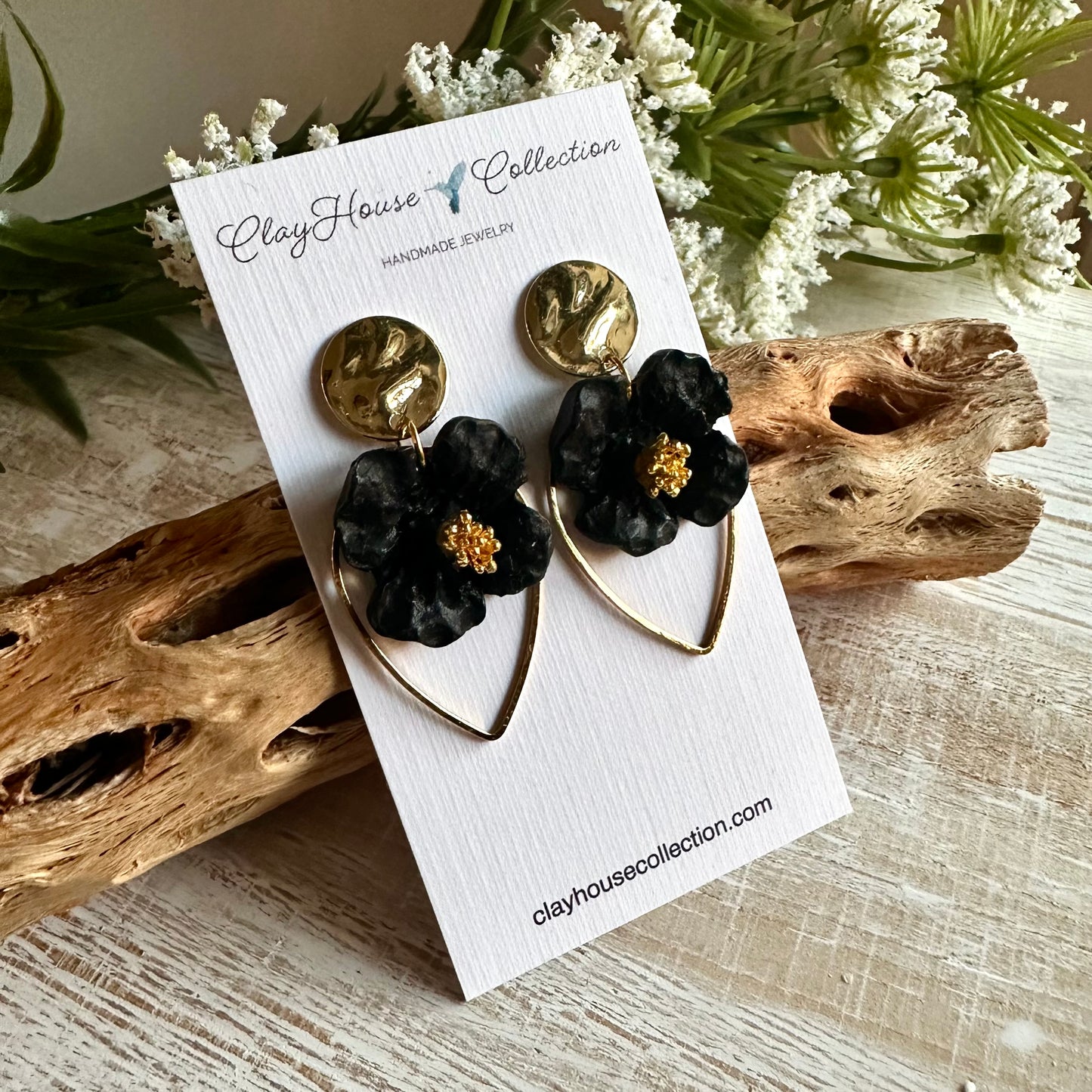 Black Flower Gold Teardrop Stud Earrings