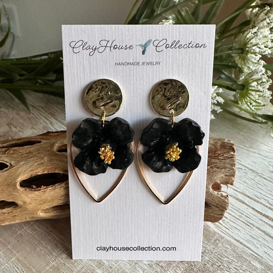 Black Flower Gold Teardrop Stud Earrings