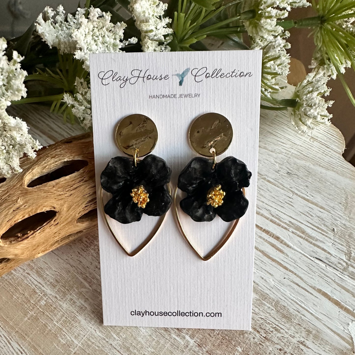 Black Flower Gold Teardrop Stud Earrings