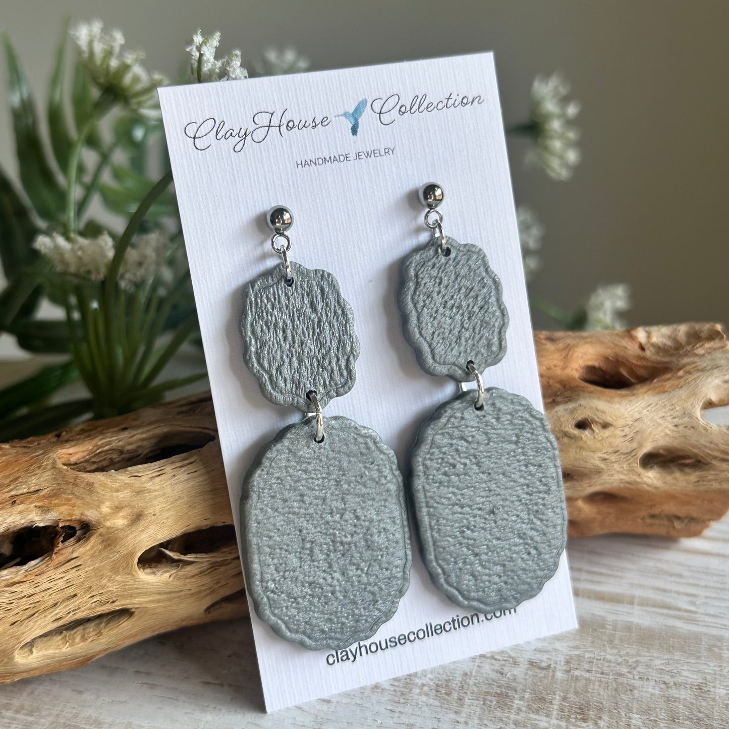 Textured Silver Scalloped Edge Clay Earrings