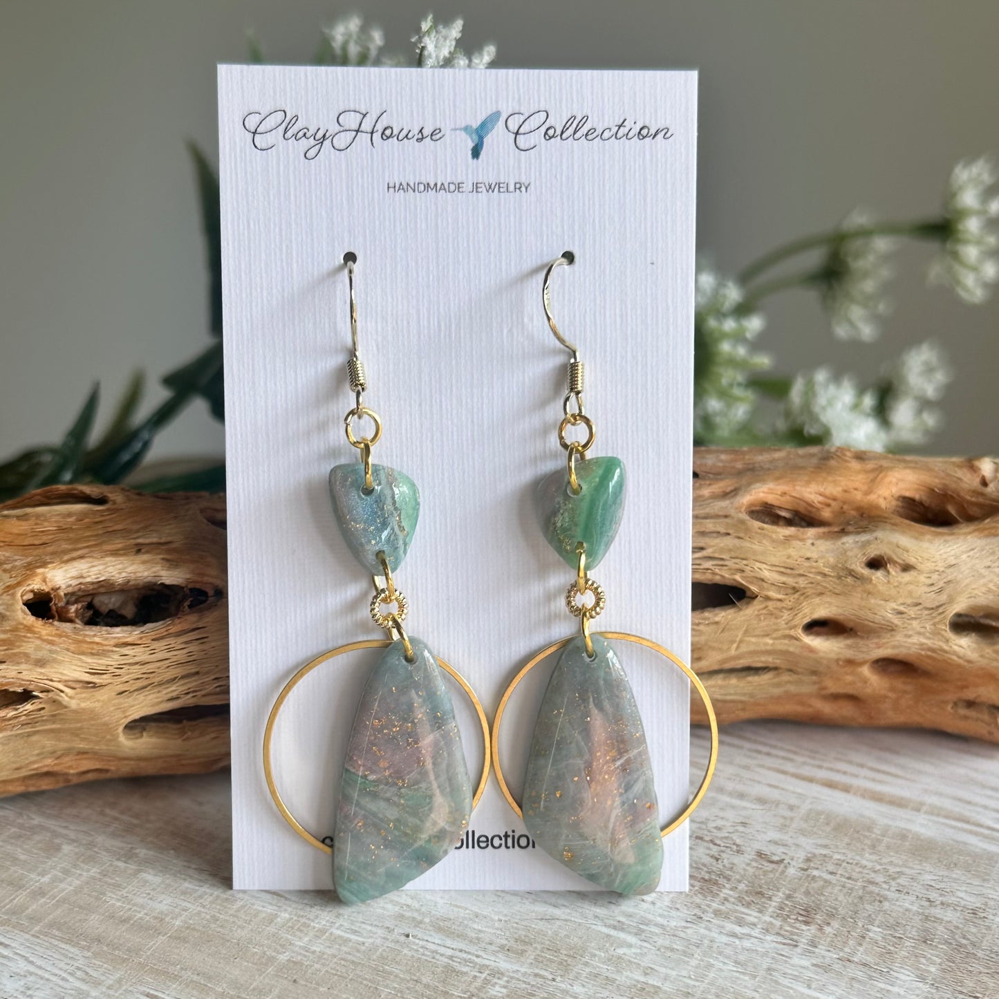 Green Dangle Clay Earrings