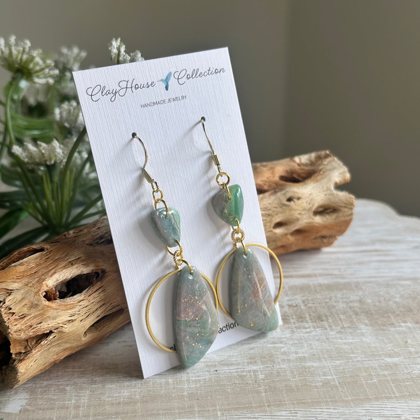Green Dangle Clay Earrings