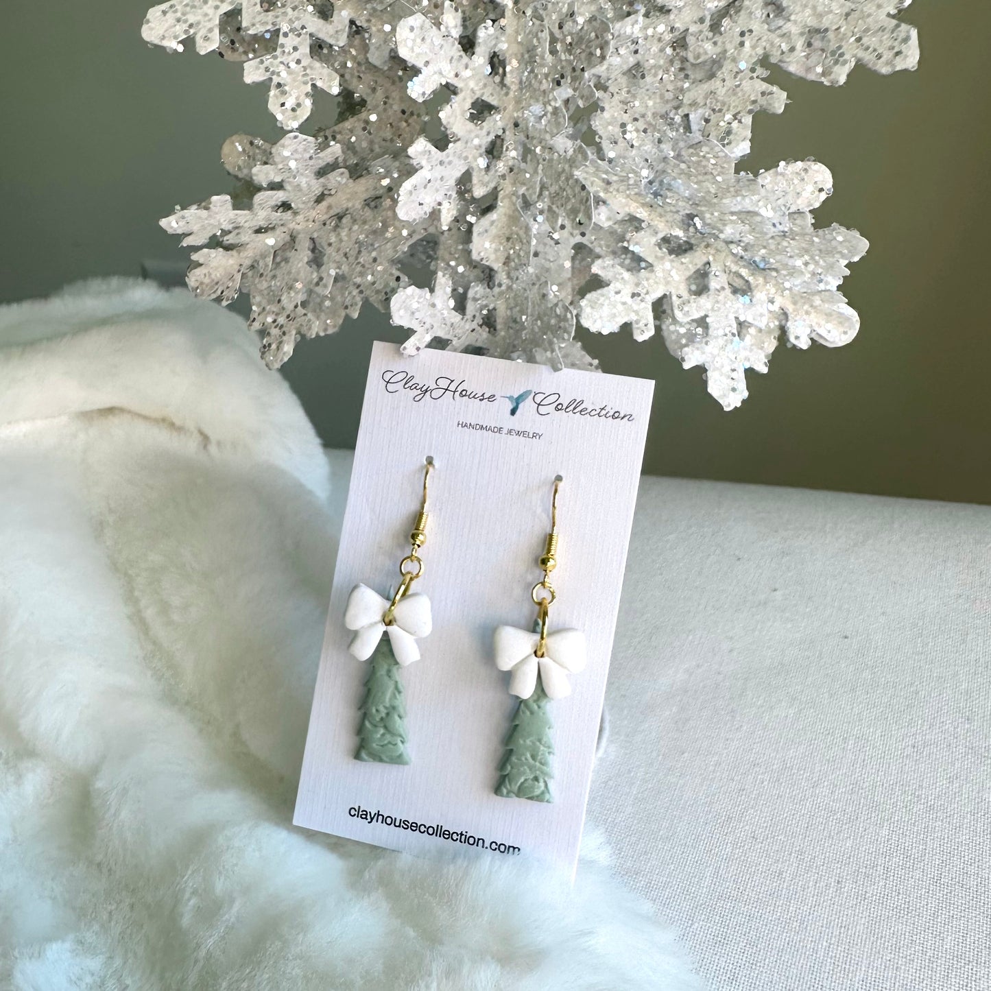 Sage Textured Christmas Tree Bow Earrings