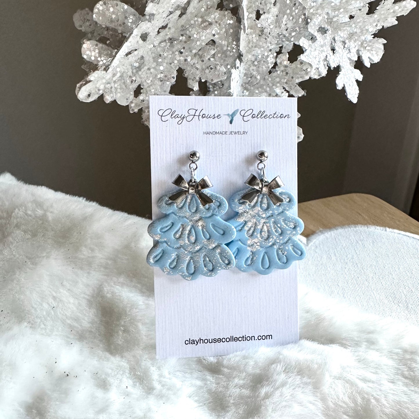 Light Blue Fancy Christmas Tree with Bow Earrings