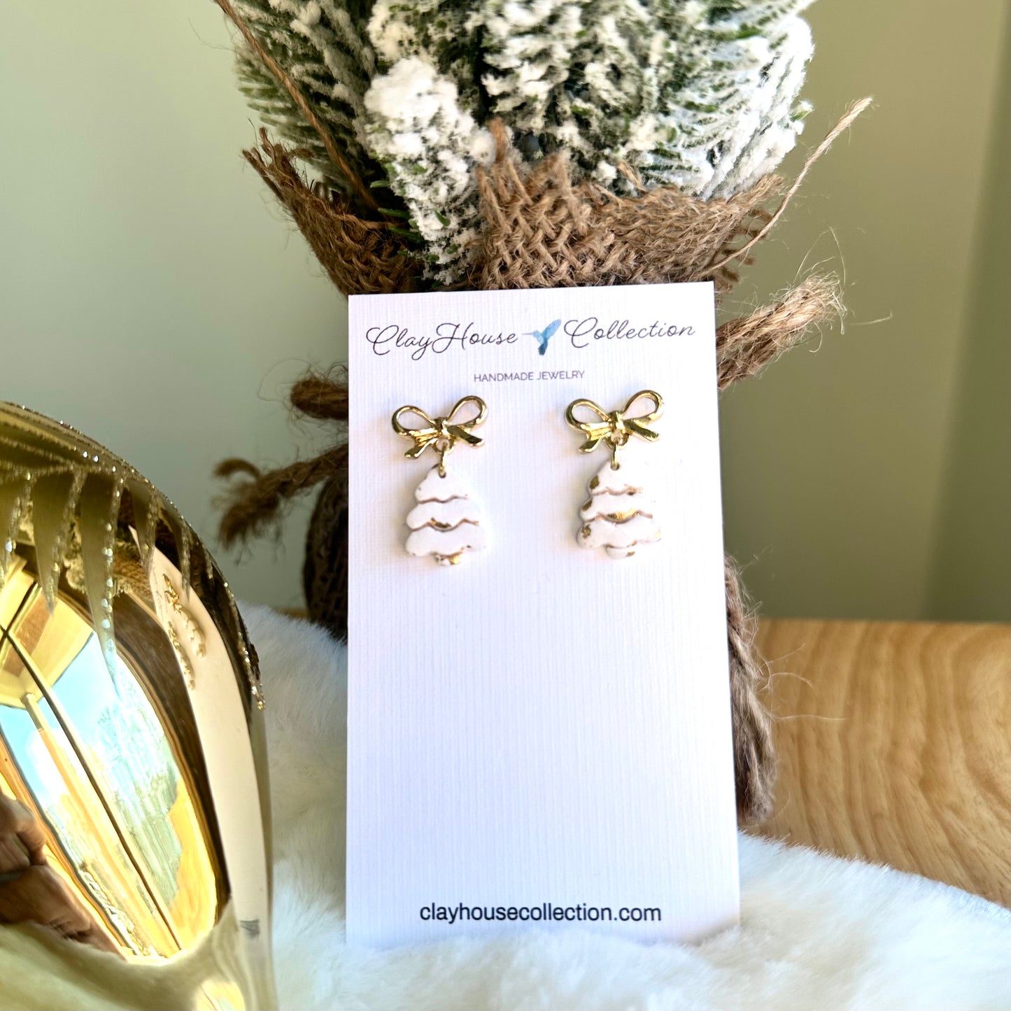 White Mini Christmas Tree With Bow Earrings