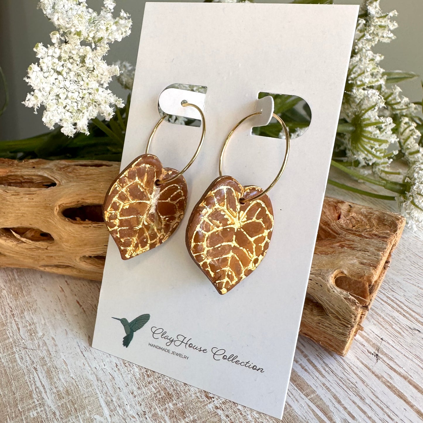 Rust Leaf Gold Accents Clay Earrings
