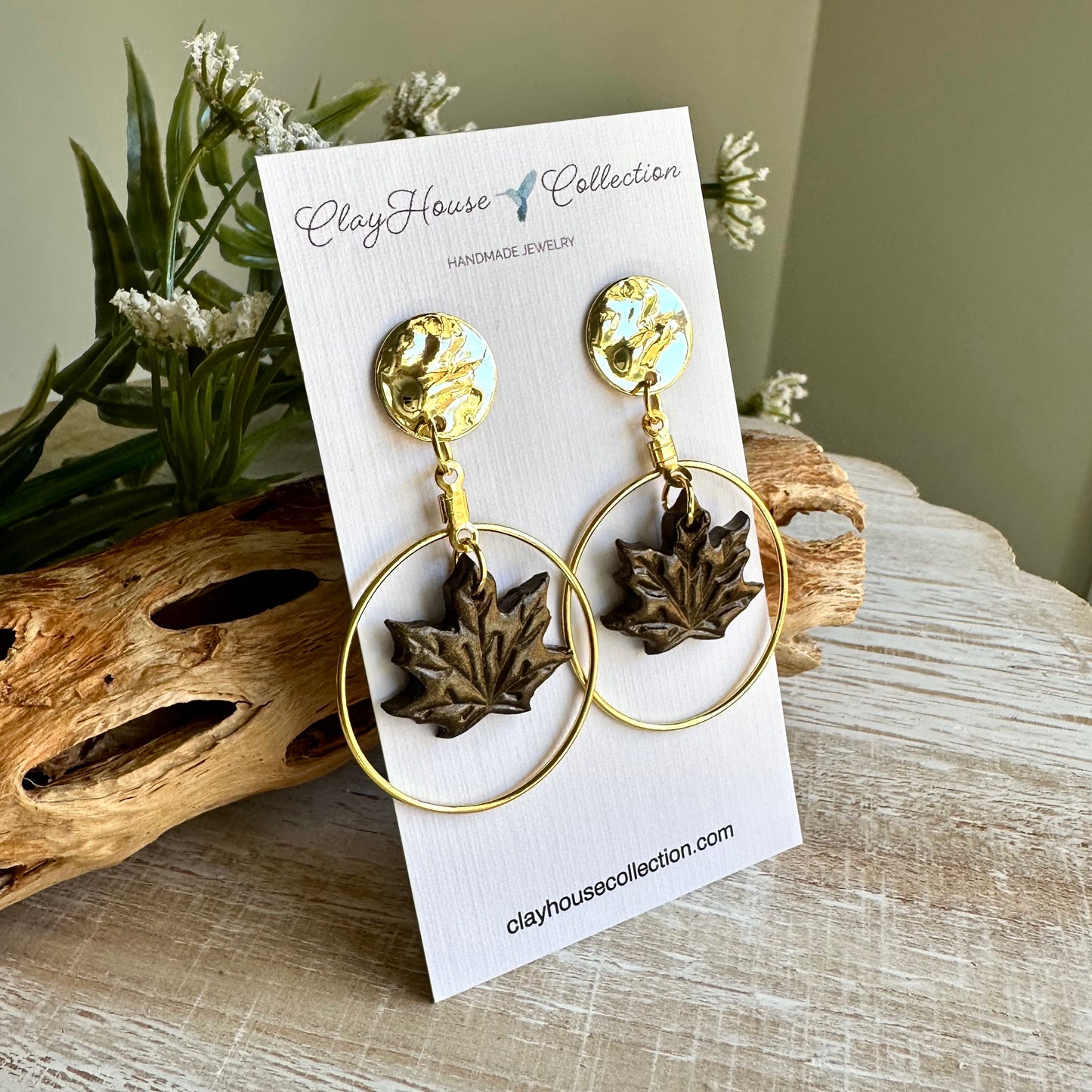 Brown Leaf Gold Hoop Clay Earrings