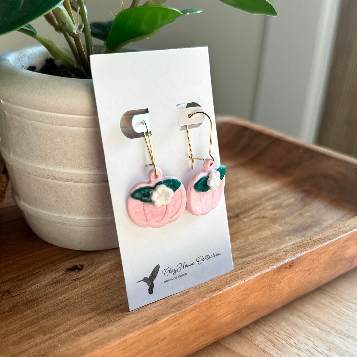 Pink Pumpkin w/ Flower & Leaf Clay Earrings