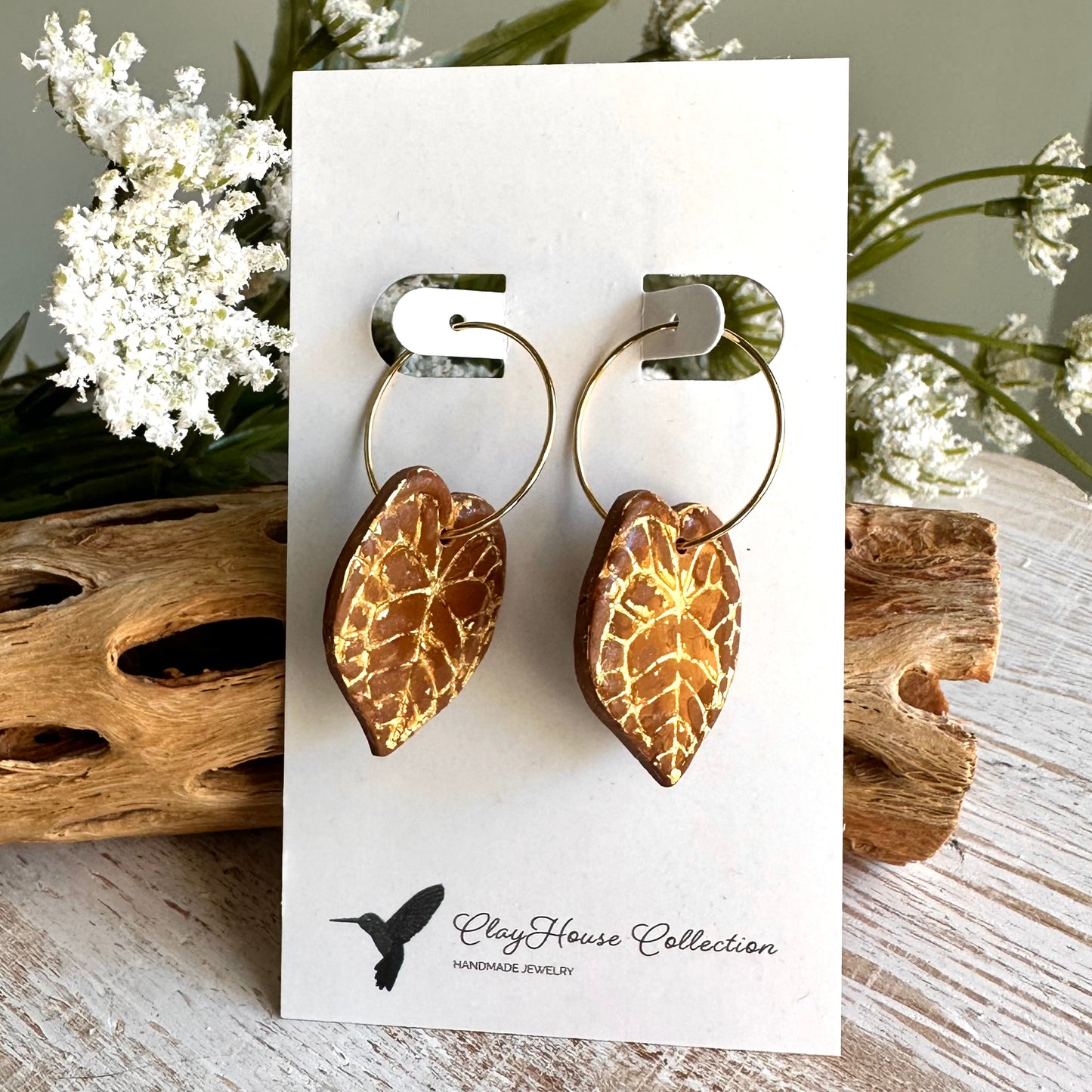 Rust Leaf Gold Accents Clay Earrings