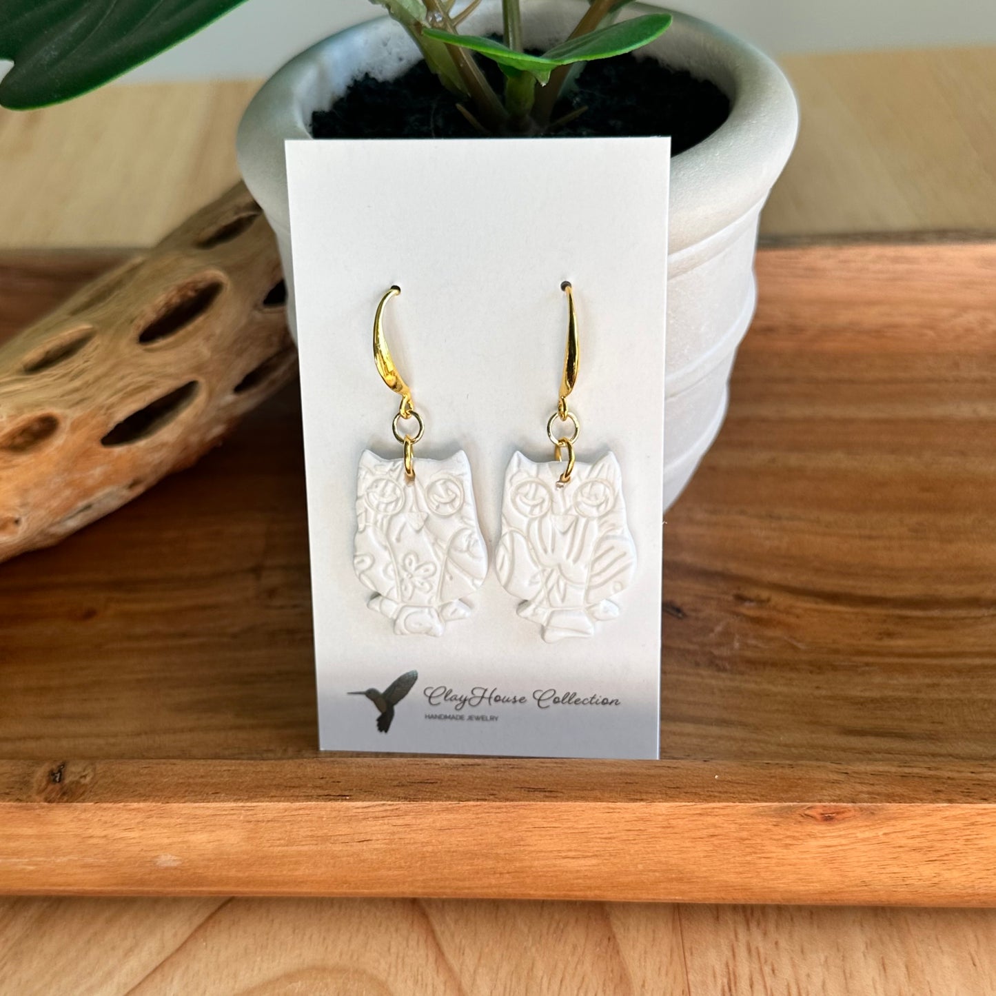 Textured White Owl Clay Earrings