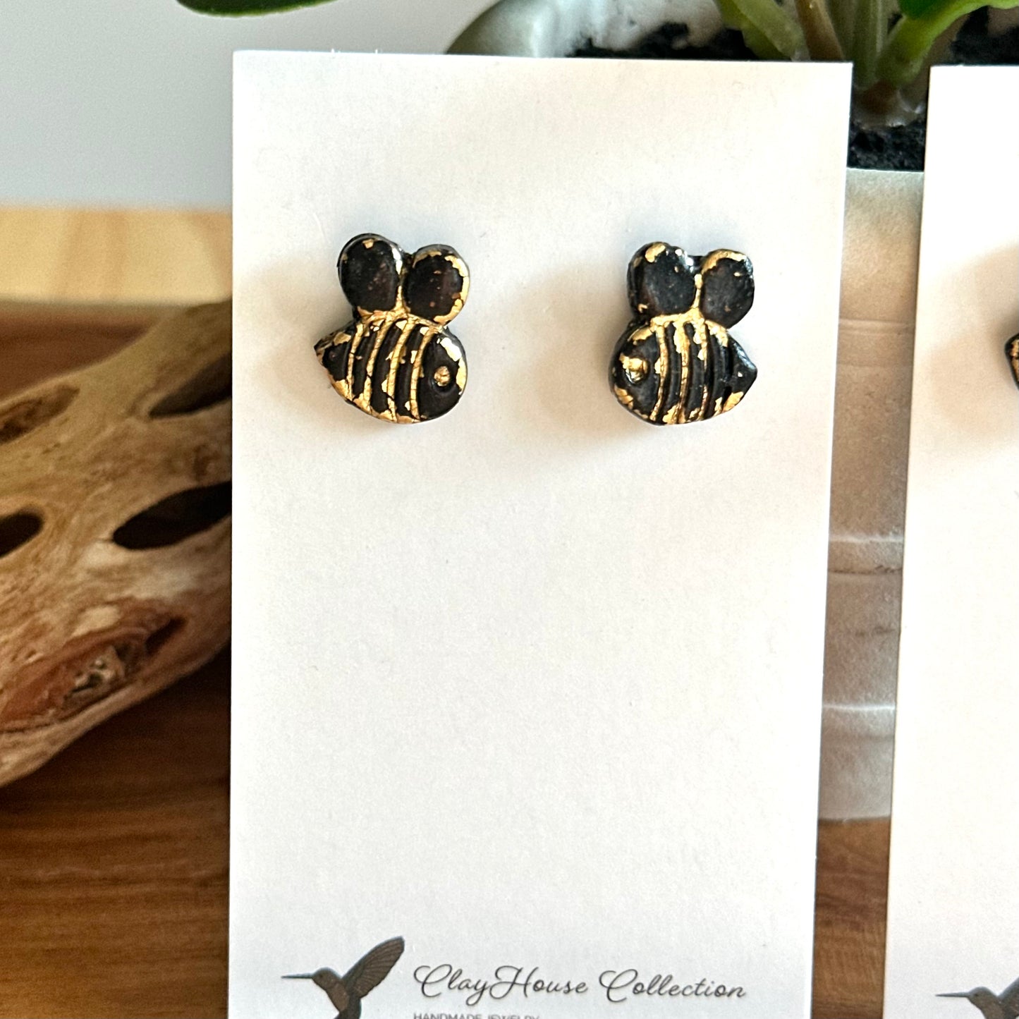 Mini Black and Gold Bee Clay Earrings