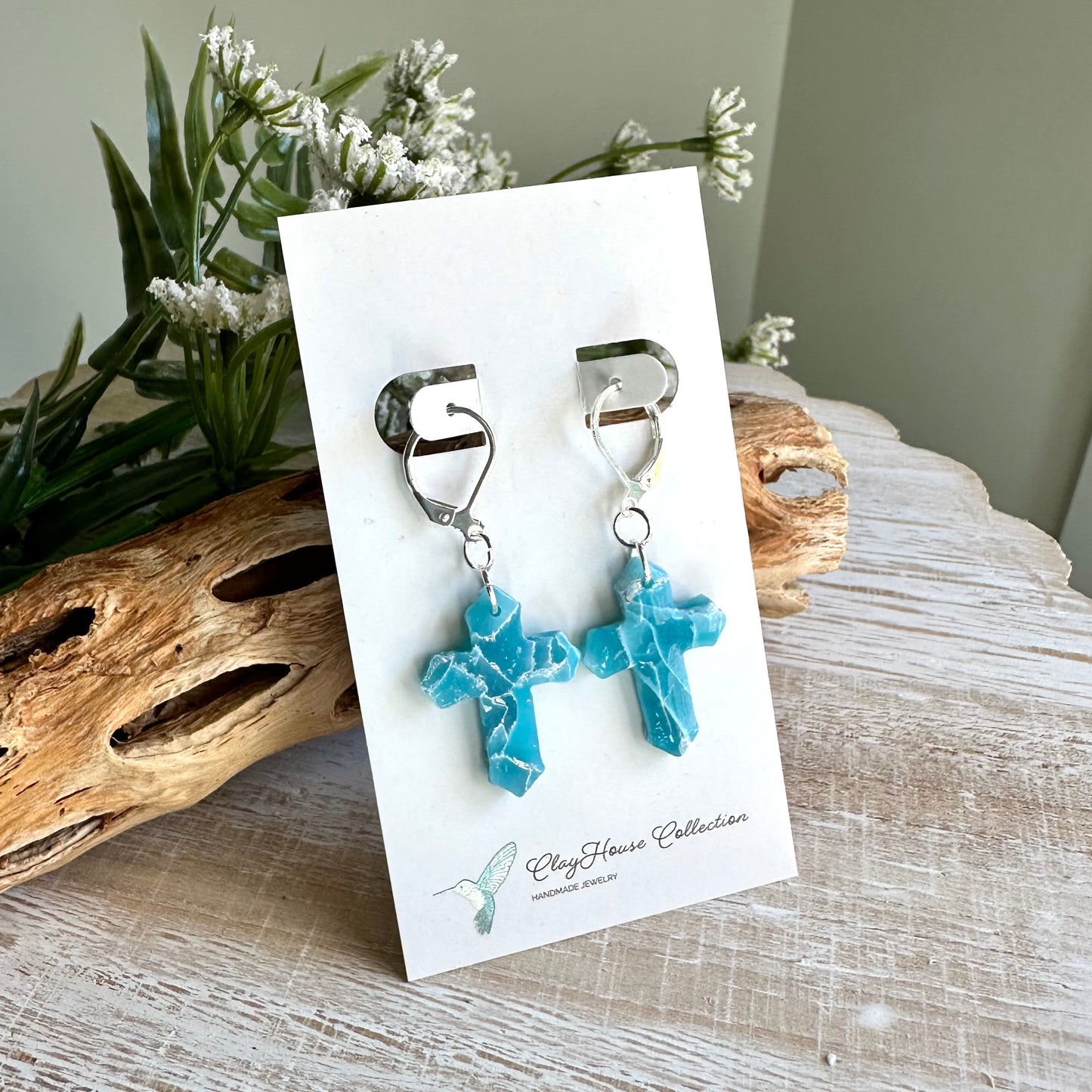 Turquoise Marbled Cross Clay Earrings