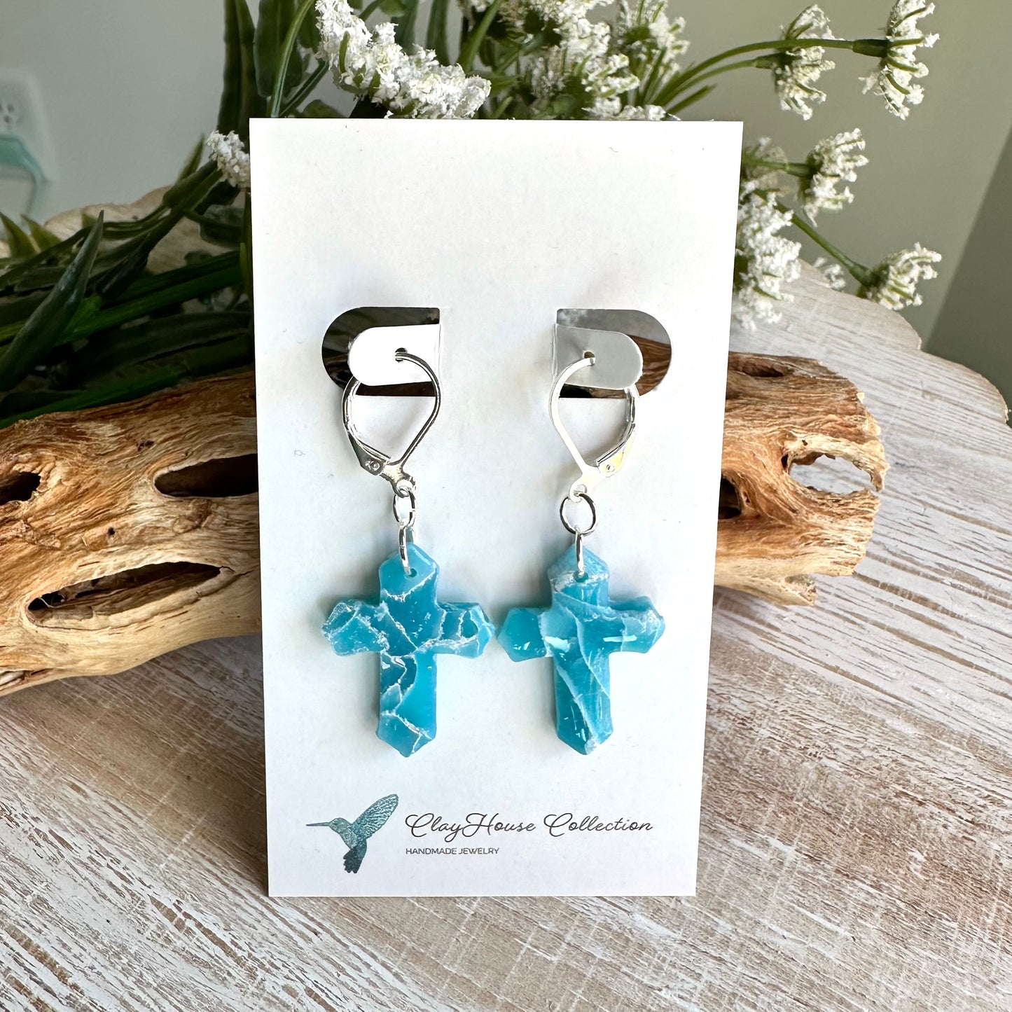 Turquoise Marbled Cross Clay Earrings