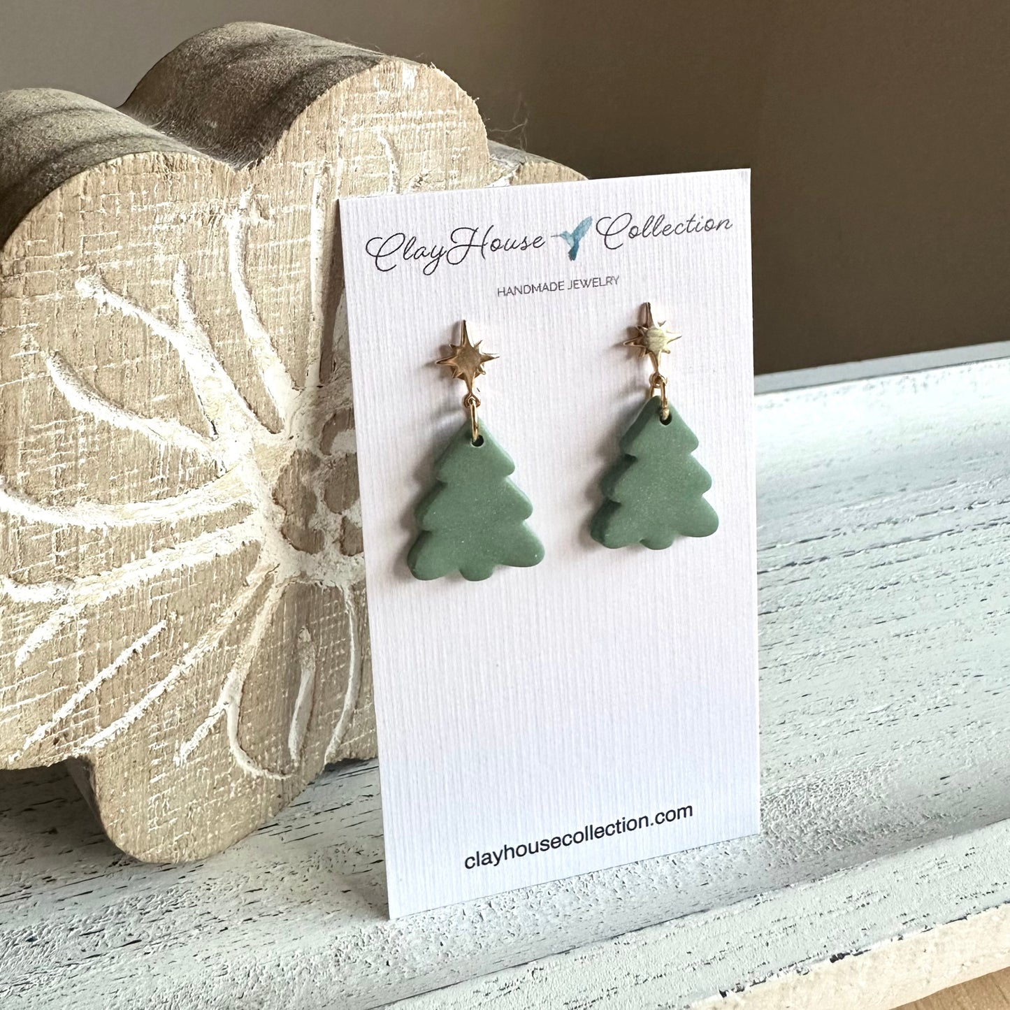 Green Christmas Tree Gold Star Clay Earrings