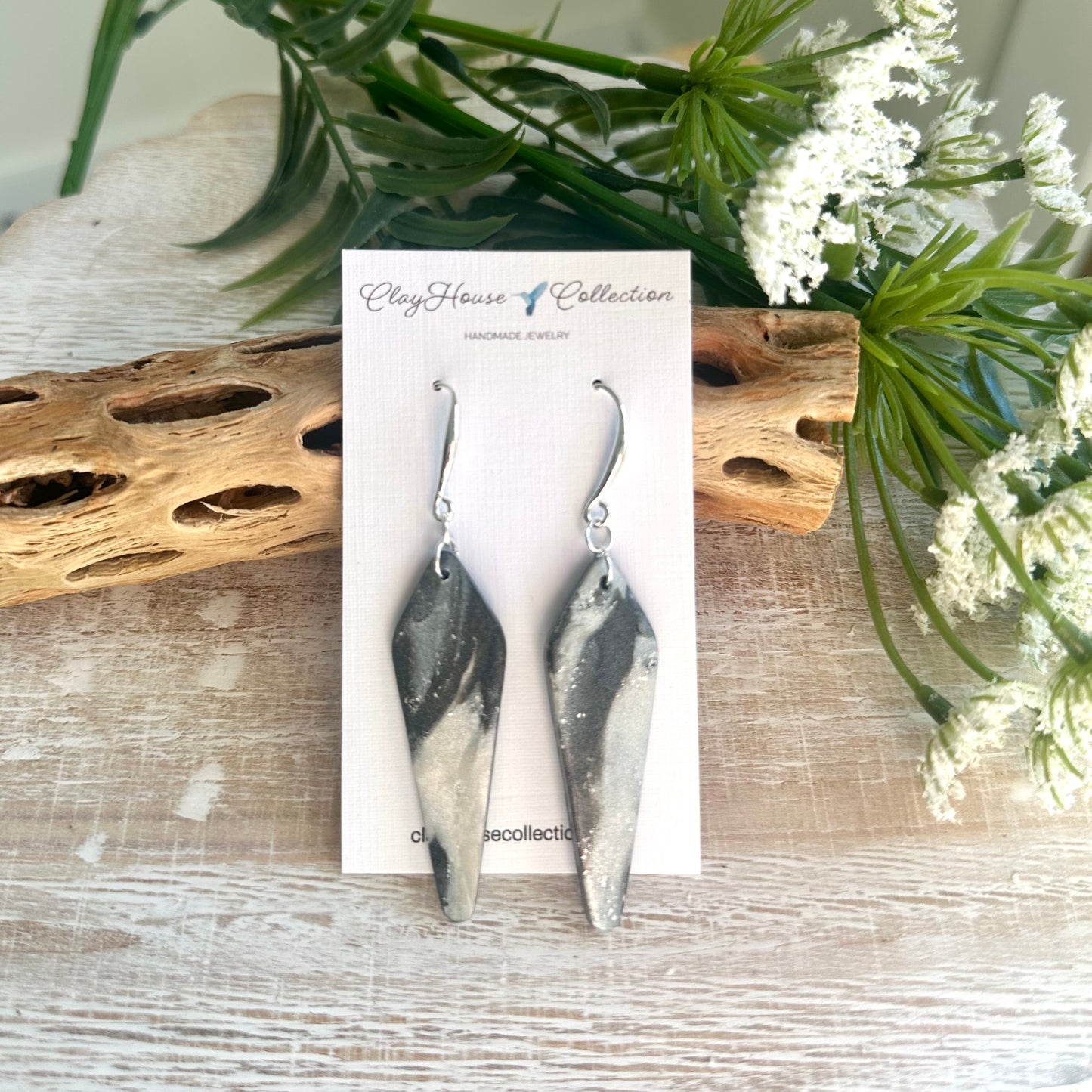 Gray Marble Thin Arrowhead Clay Earrings
