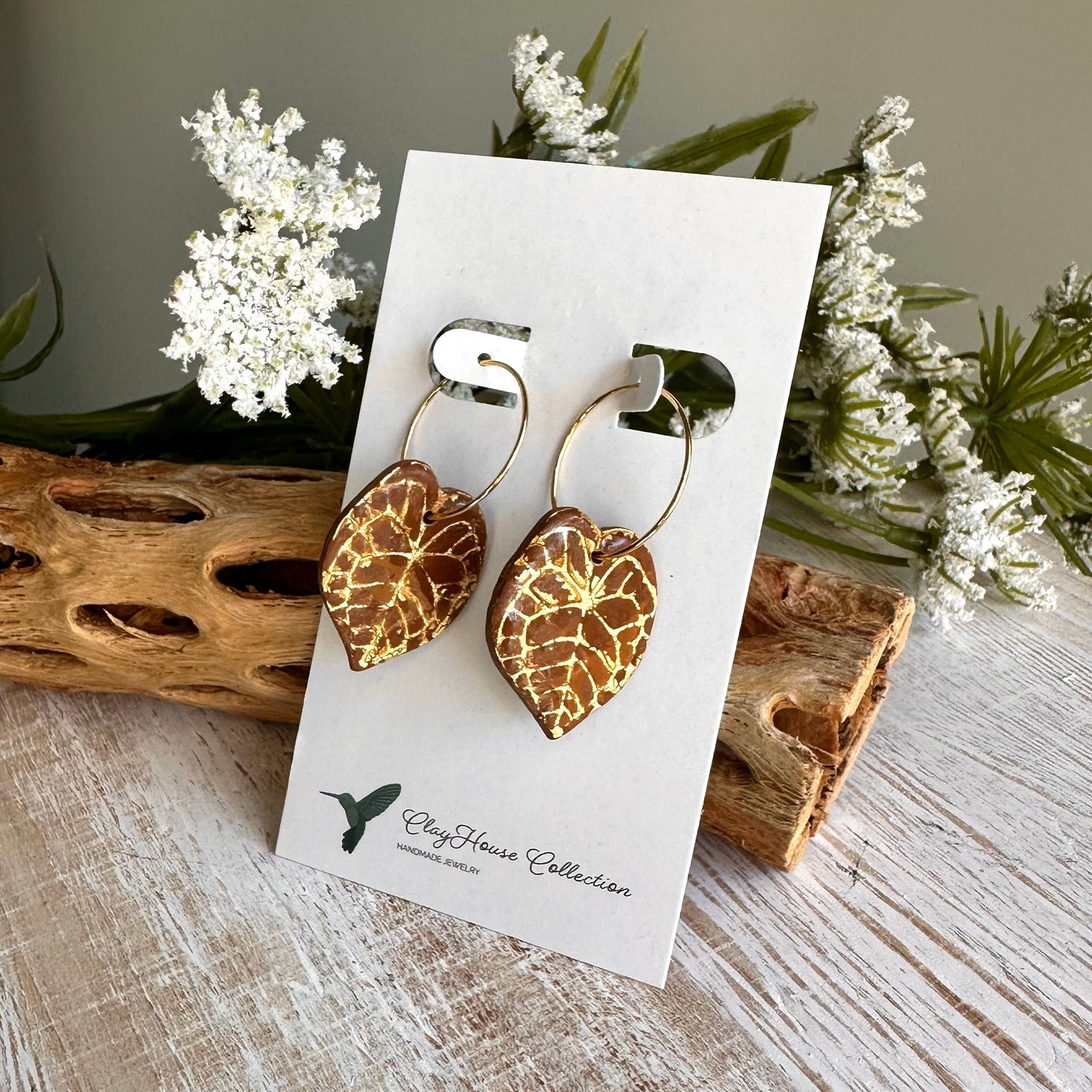 Rust Leaf Gold Accents Clay Earrings