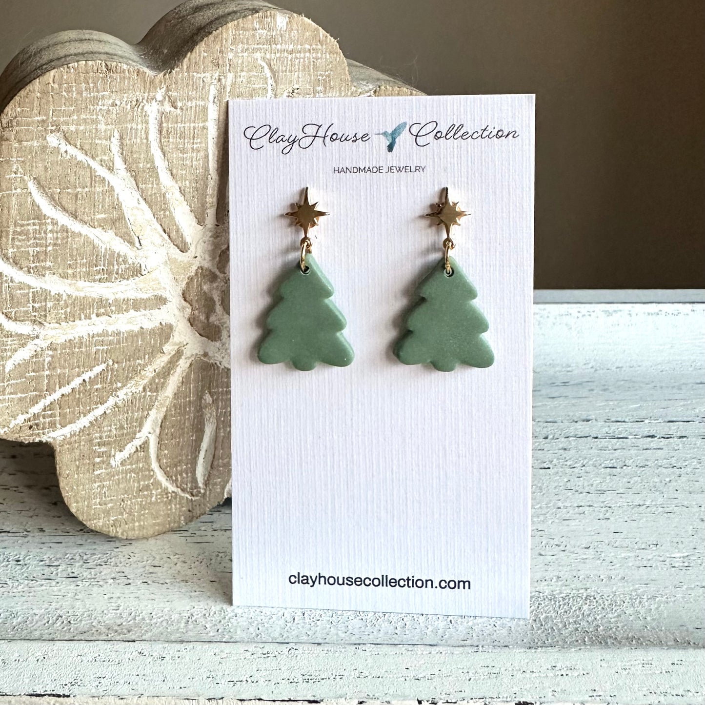 Green Christmas Tree Gold Star Clay Earrings