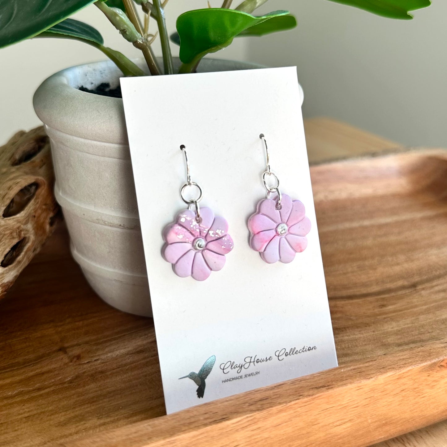Lavender Marble Clay Flower Earrings