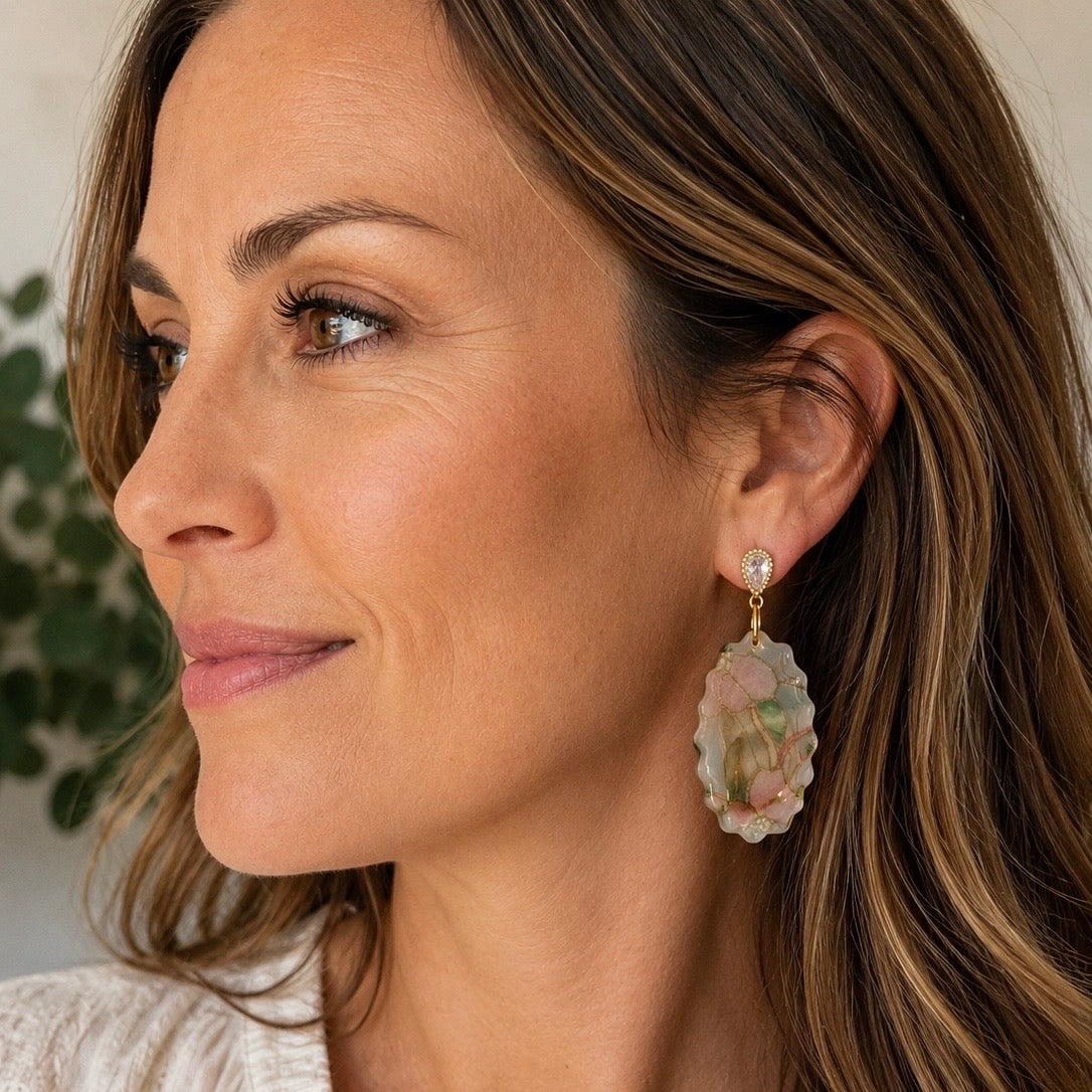 Handmade Polymer Clay Floral Earrings – Magnolia Bloom | Lightweight Gold Dangle Earrings