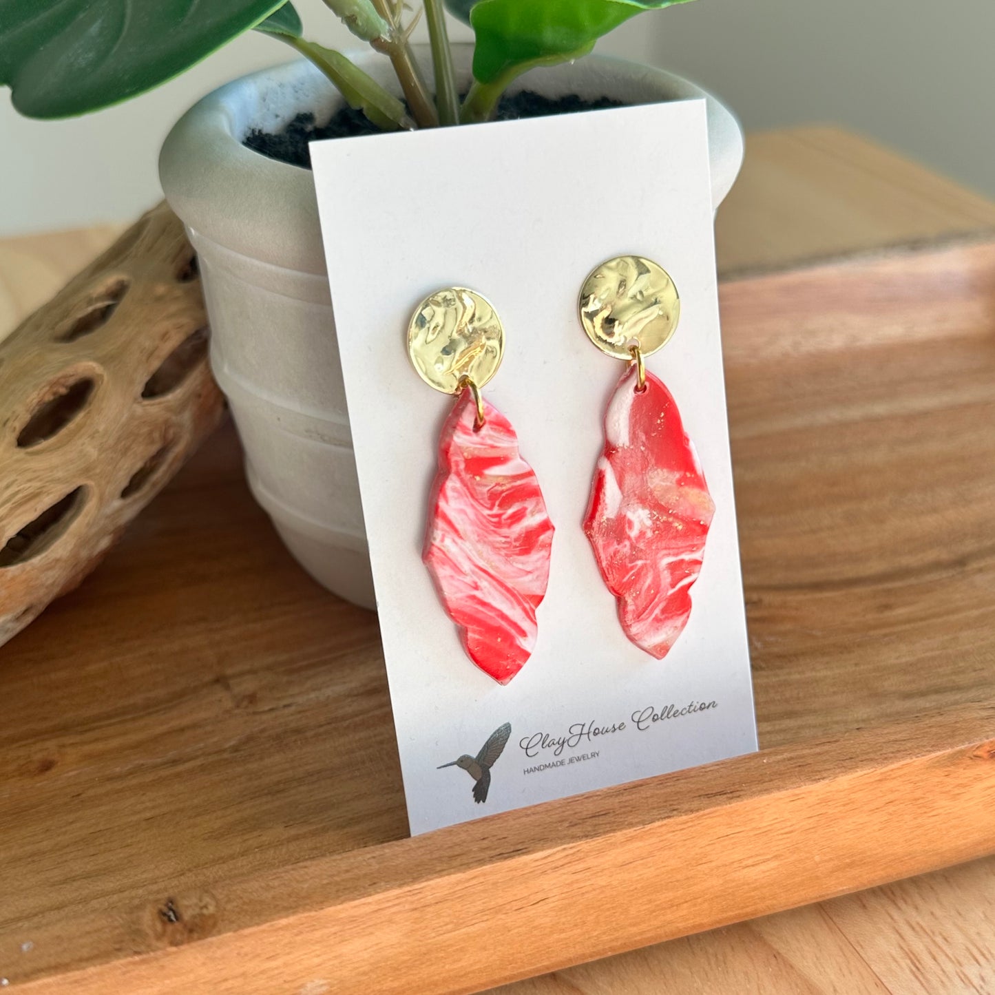Red Swirl Drop Clay Earrings