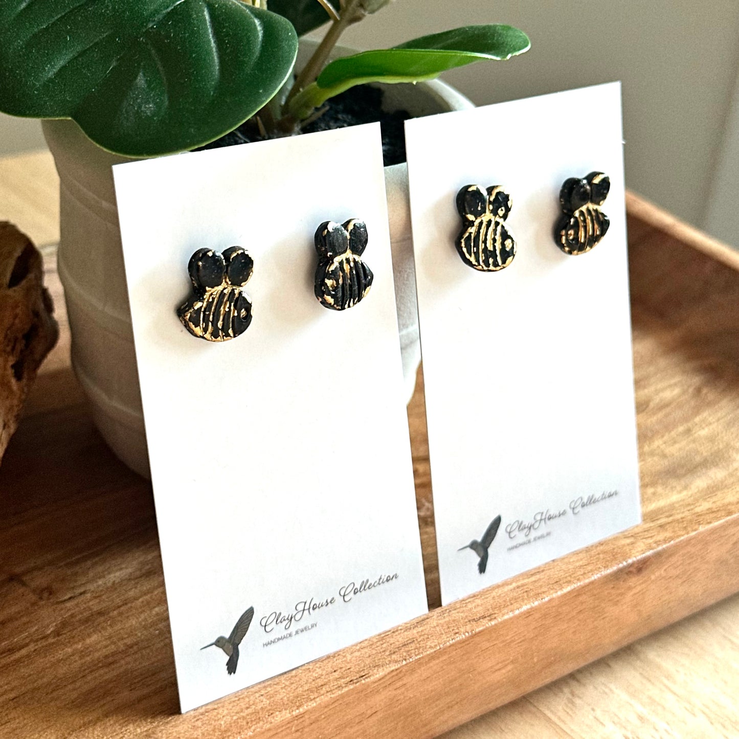 Mini Black and Gold Bee Clay Earrings
