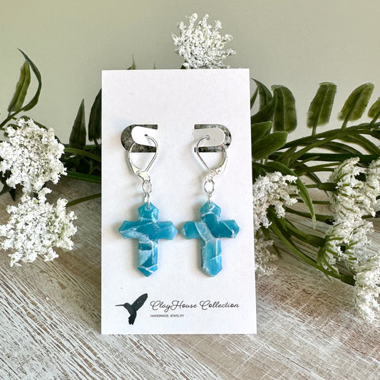 Turquoise Marbled Cross Clay Earrings