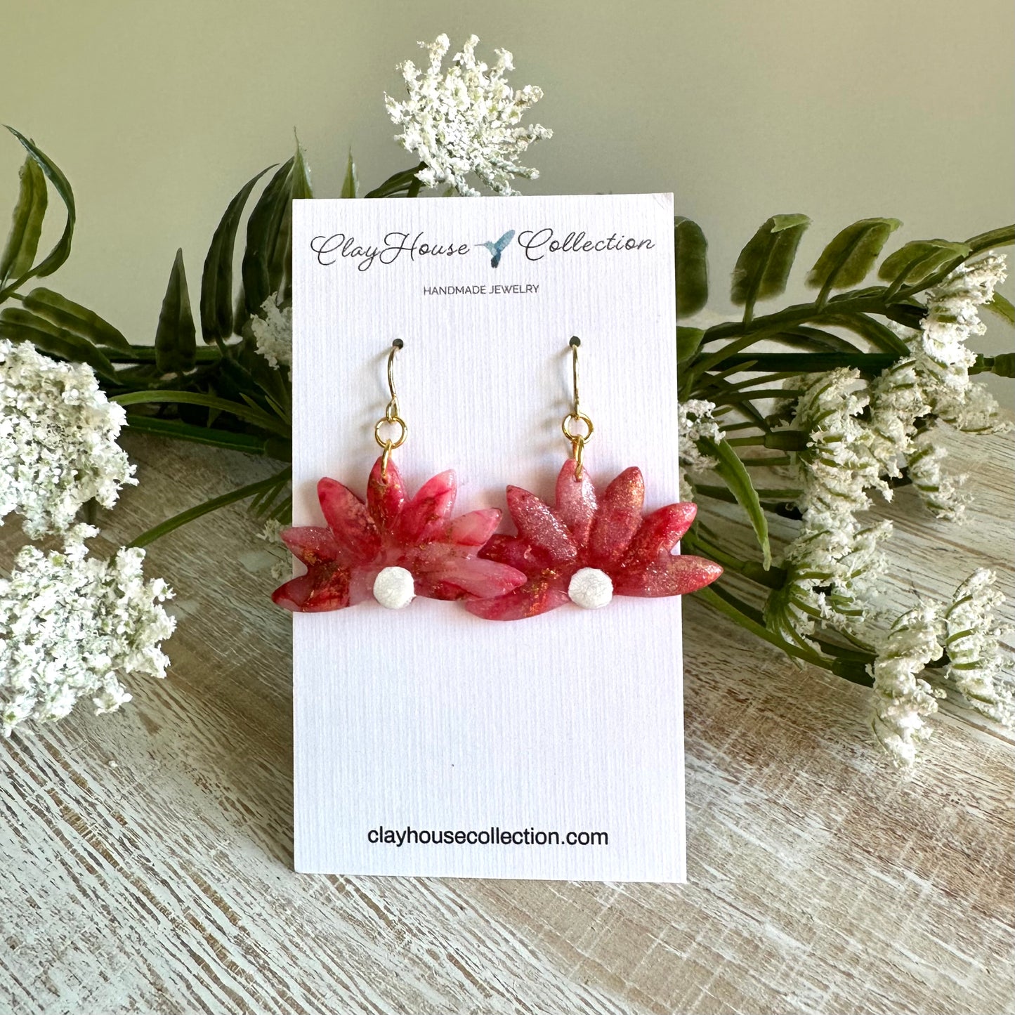 Red Half Daisy Clay Earrings
