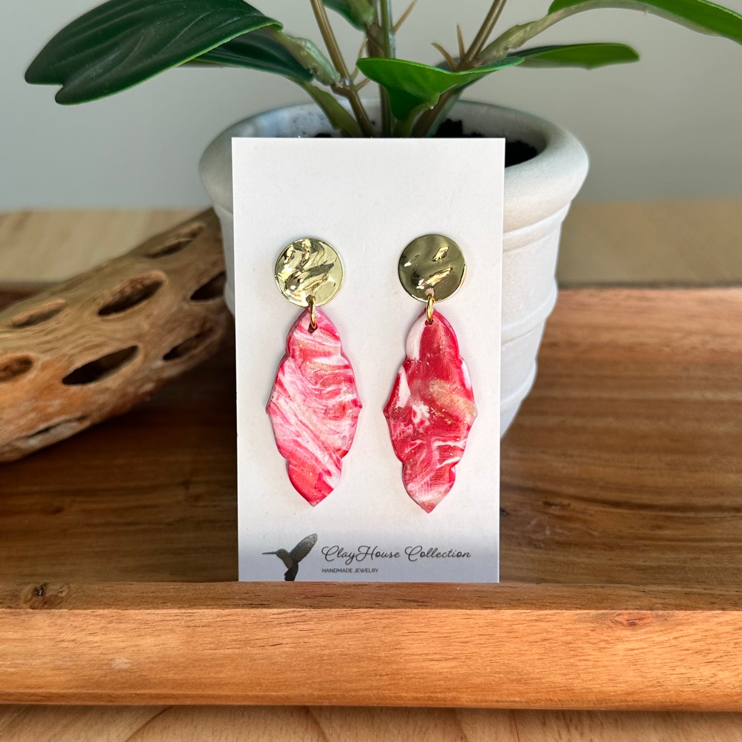 Red Swirl Drop Clay Earrings