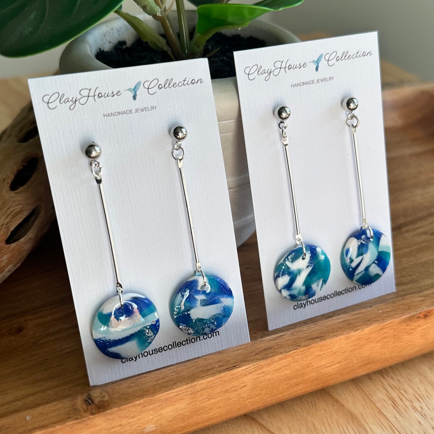 Blue Marble Clay Disc Dangle Earrings