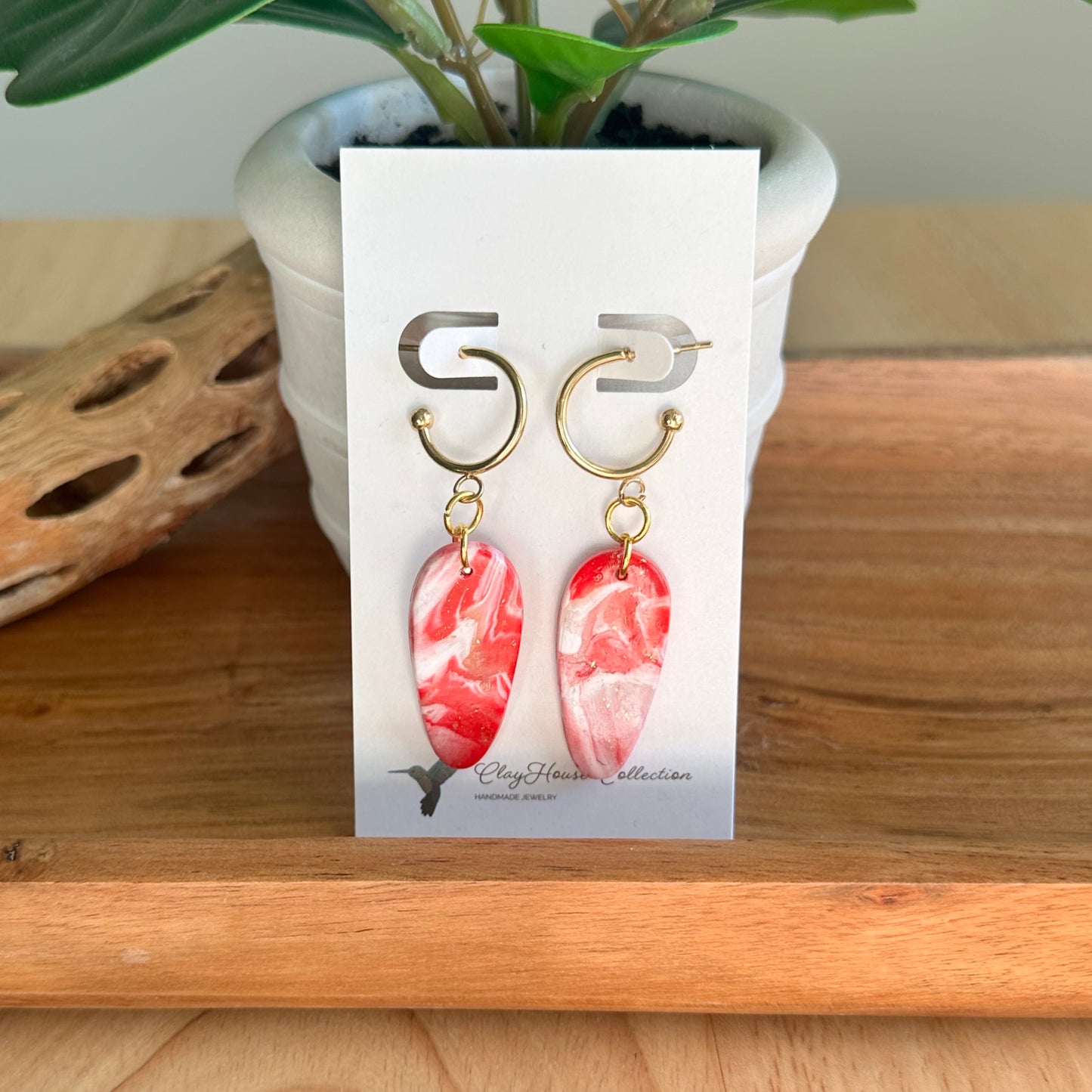 Red Swirl w/ Hoop Clay Earrings