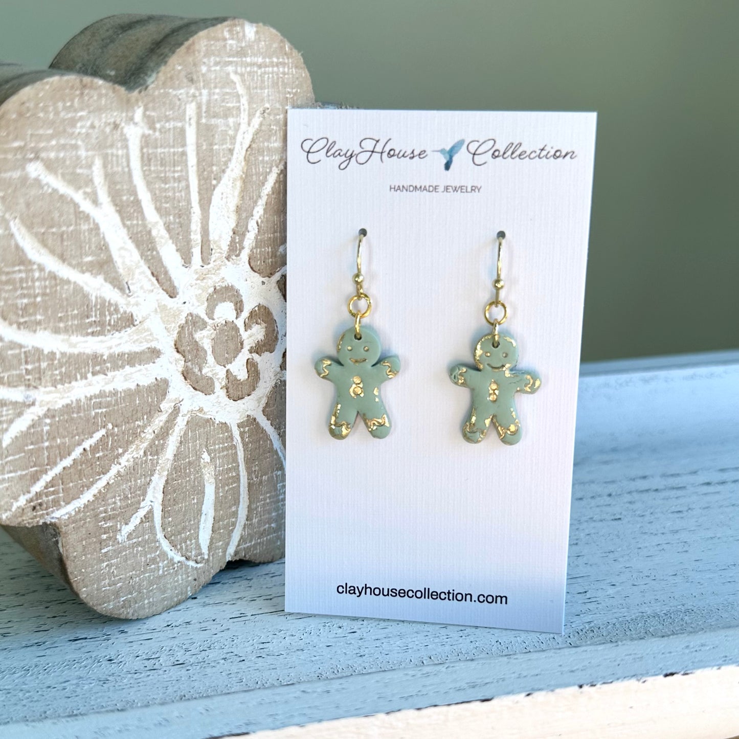 Sage Gingerbread Man Clay Earrings