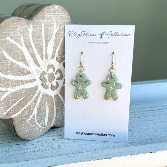Sage Gingerbread Man Clay Earrings