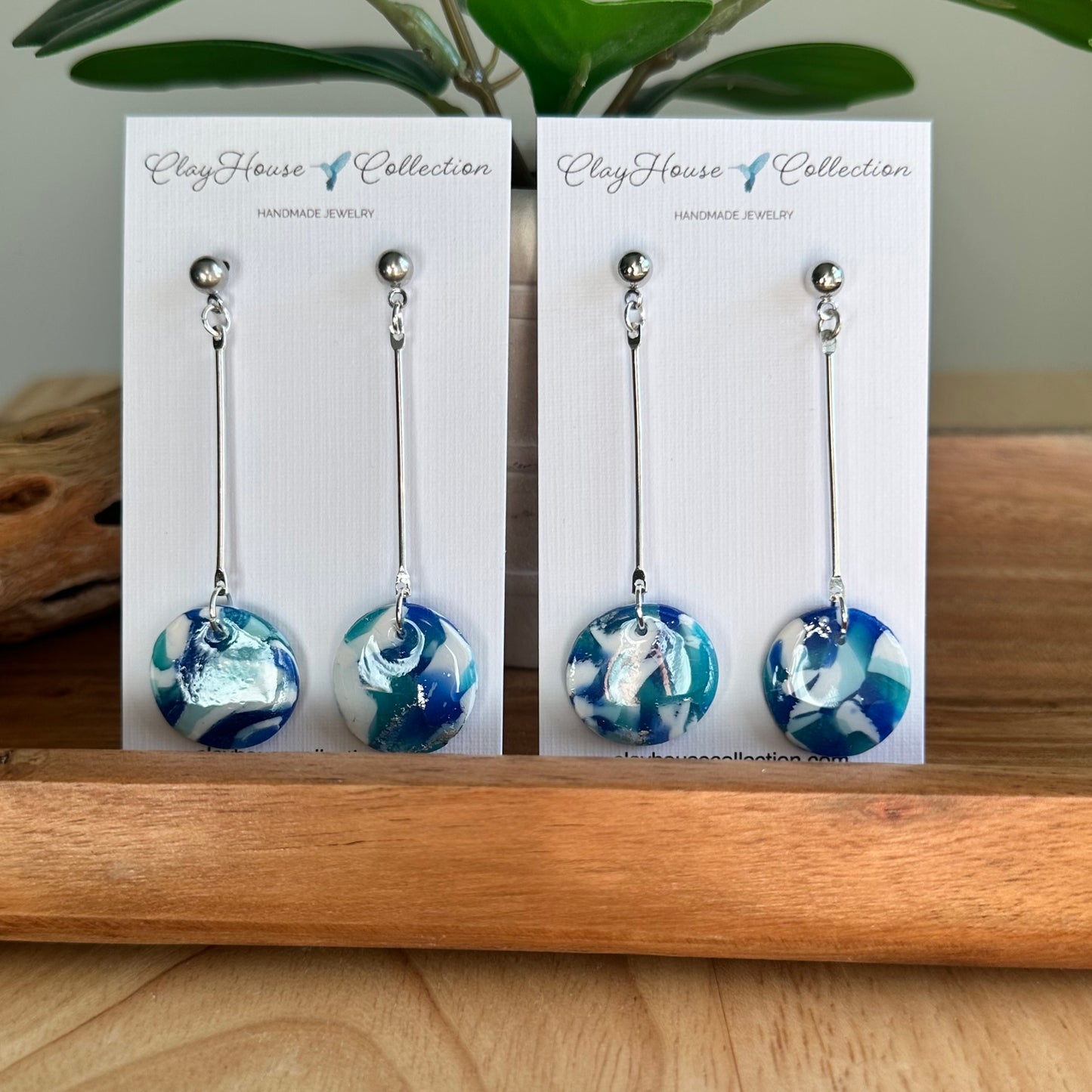 Blue Marble Clay Disc Dangle Earrings