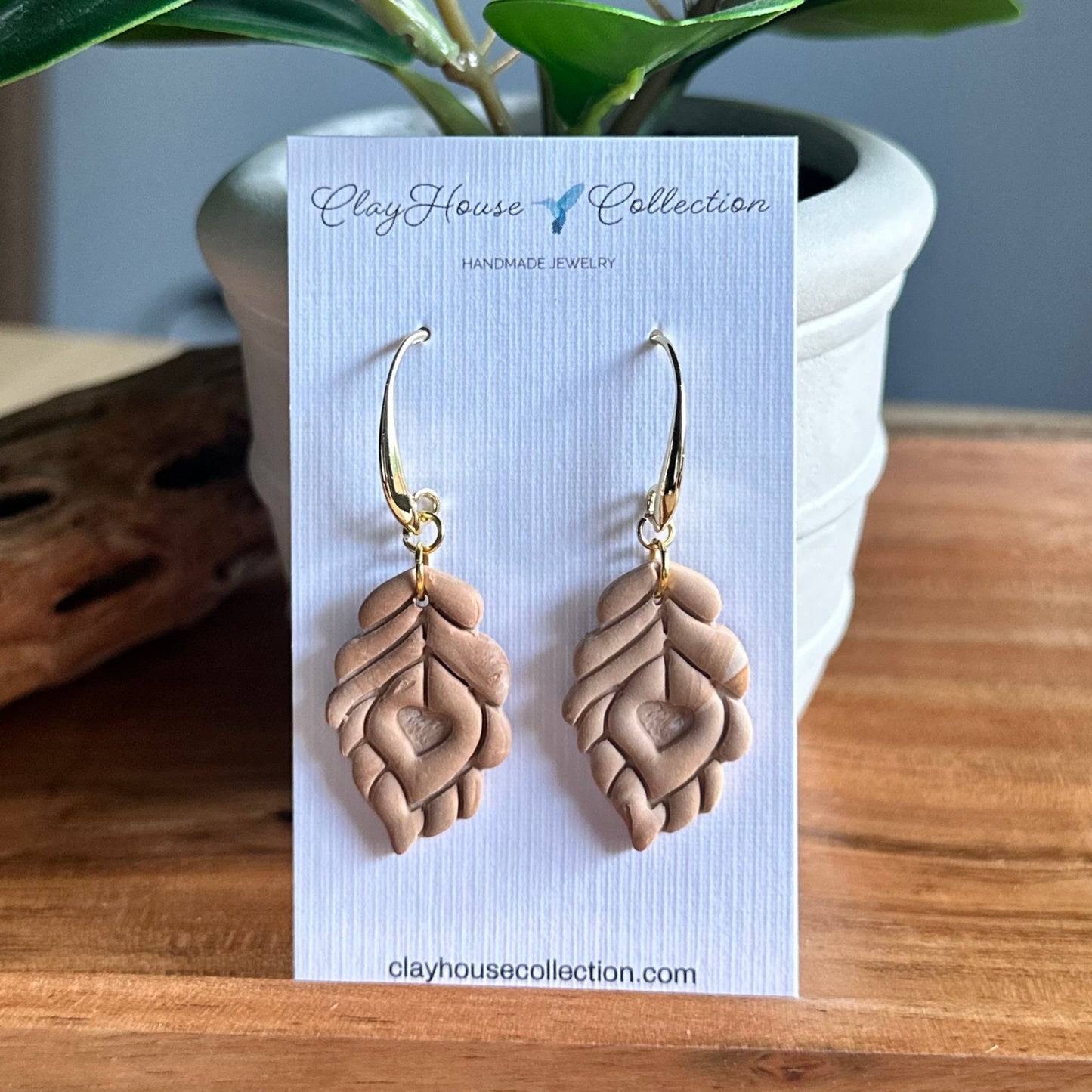 Tan Leaf Clay Earrings
