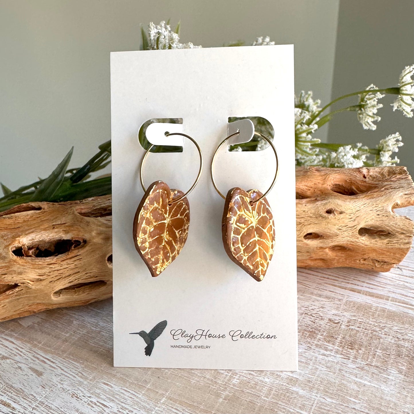 Rust Leaf Gold Accents Clay Earrings