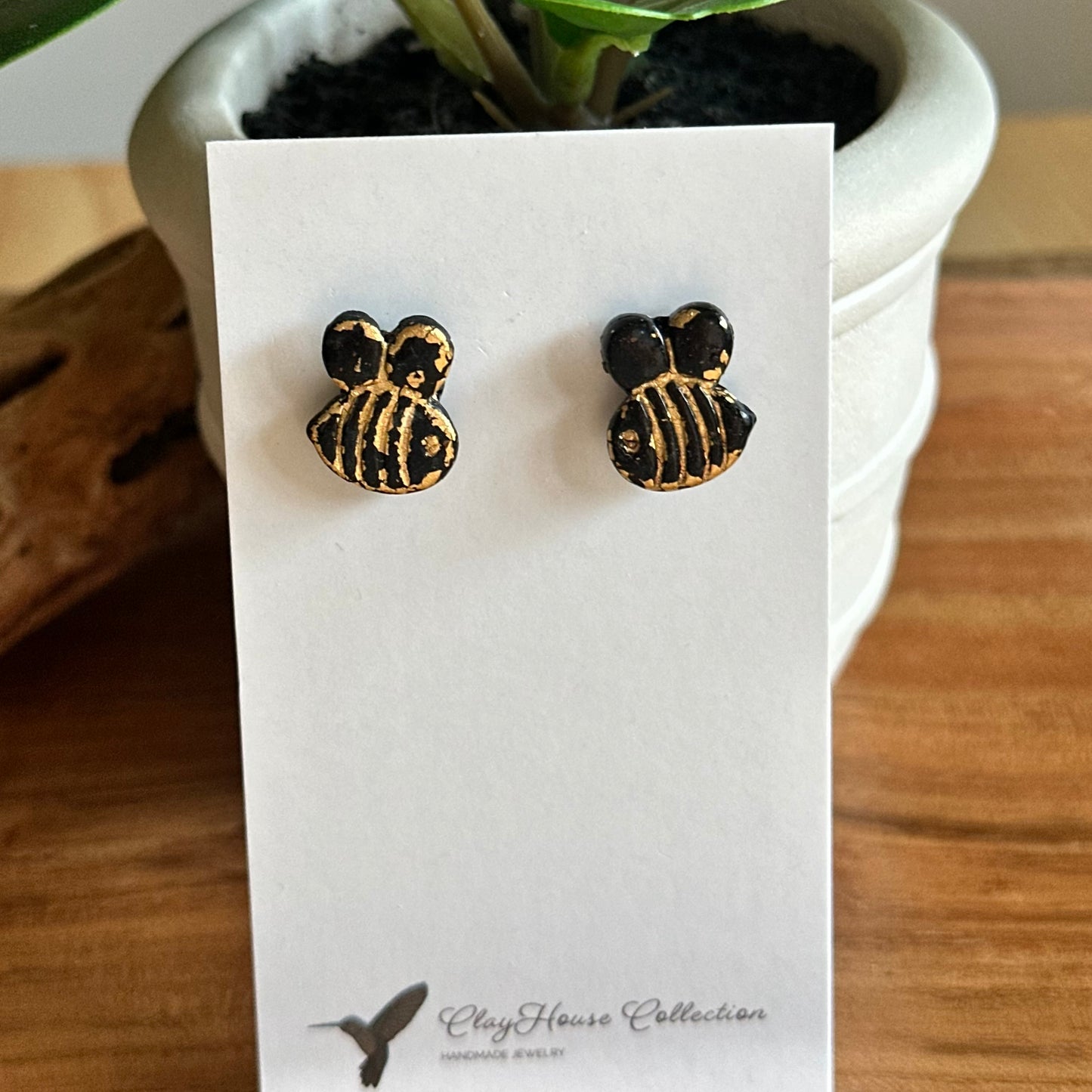 Mini Black and Gold Bee Clay Earrings