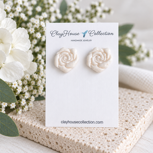 Handmade Ivory Rose Polymer Clay Stud Earrings | ClayHouse Collection