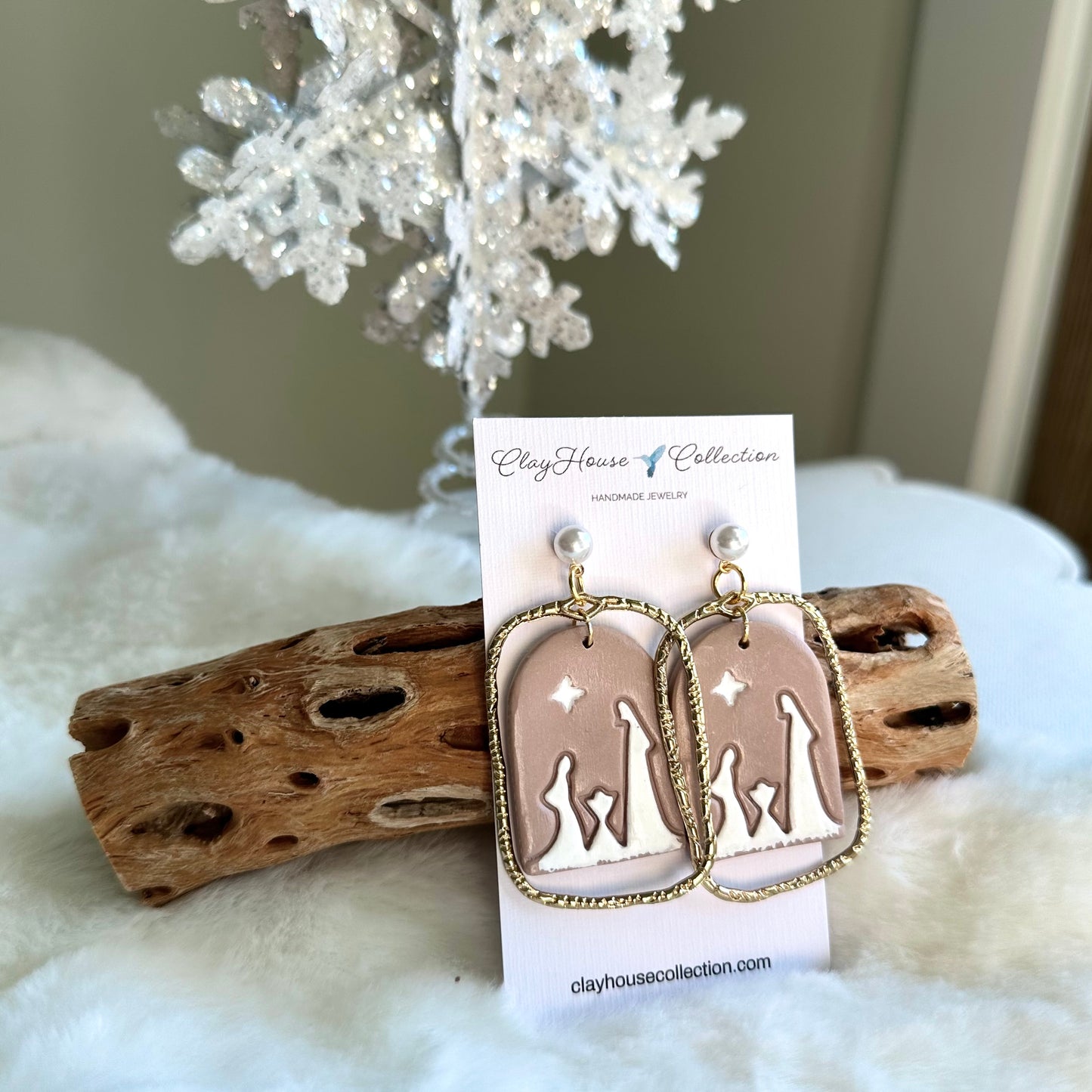 Taupe Nativity Scene Dangle Earrings