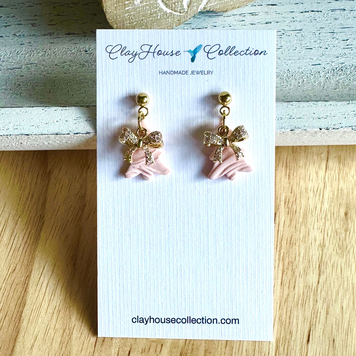 Zirconia Bow Accented Pink Clay Christmas Tree Earrings