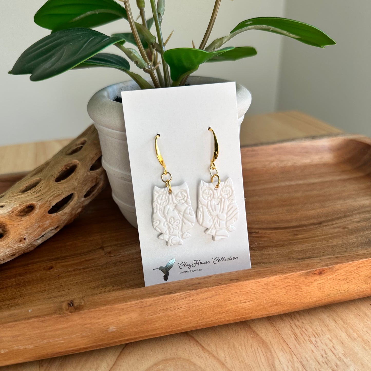 Textured White Owl Clay Earrings