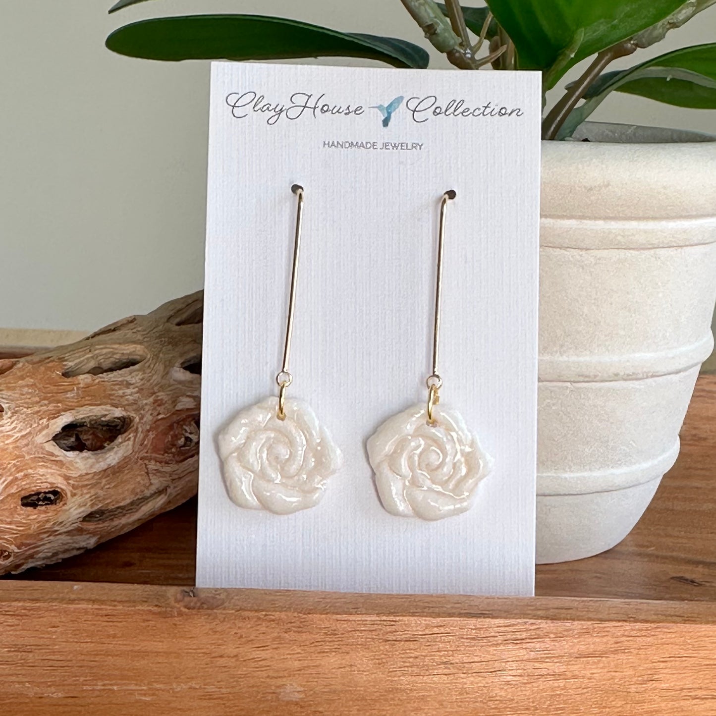 Small Ivory Rose Dangle Earrings